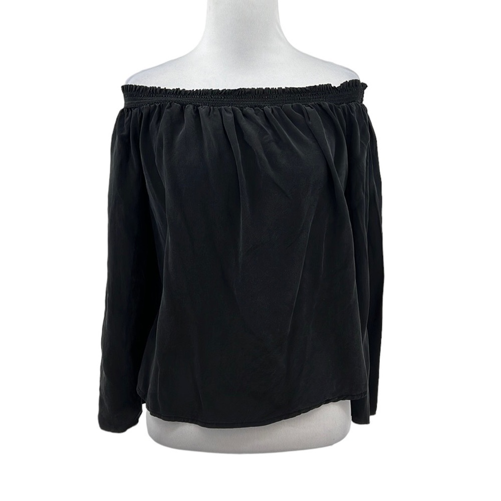 Jay Godfrey Blouse Womens 0 Black Silk Smock Off‎ The Shoulder Bell Flare Sleeve